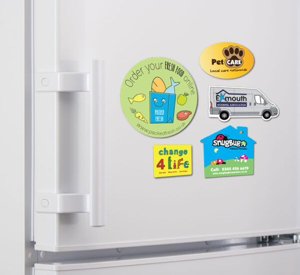 Cut to shape fridge magnets with personalised designs in a range of shapes and sizes