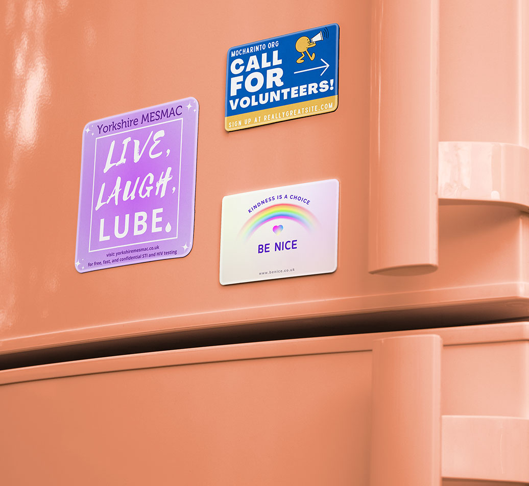 Custom printed promotional fridge magnets with gloss lamination and rounded corners