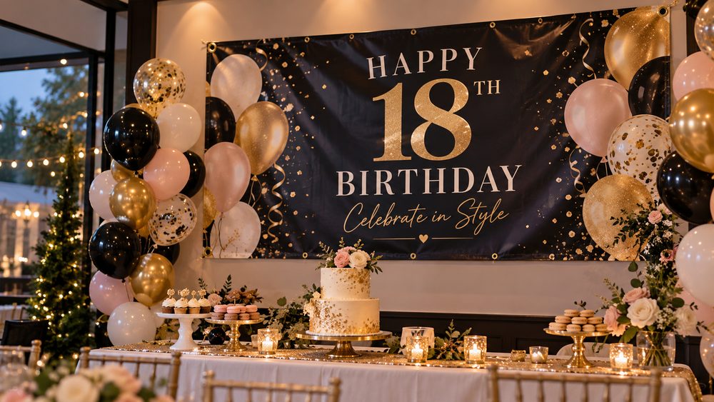 Elegant black and gold Happy 18th Birthday PVC banner displayed above a decorated party table with balloons, flowers and a birthday cake