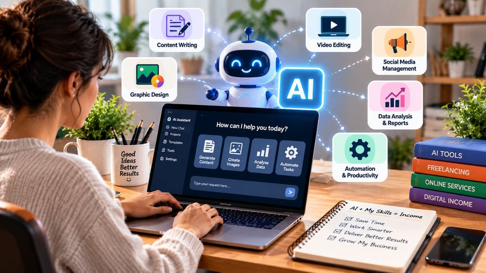 Freelancer using AI tools for content writing, graphic design, video editing and online services