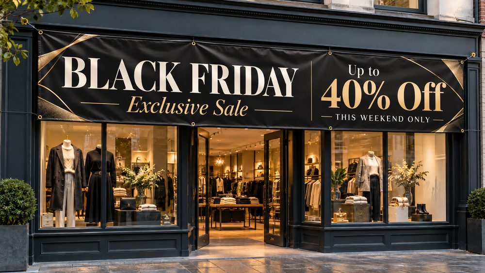 Elegant black and gold PVC banner advertising a Black Friday sale with up to 40% off outside a fashion retail shop