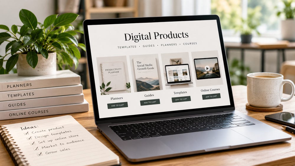 Laptop displaying digital products for sale, including online courses, templates, guides and planners