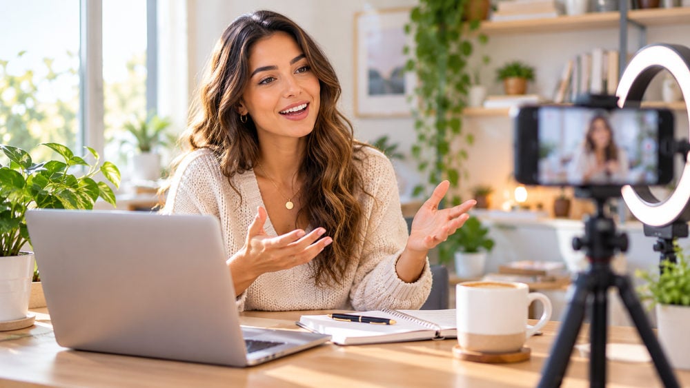 Woman recording a YouTube tutorial at home with a laptop, smartphone and ring light