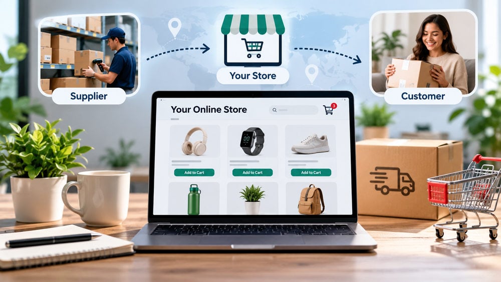 Dropshipping business showing an online store connecting suppliers with customers for delivery