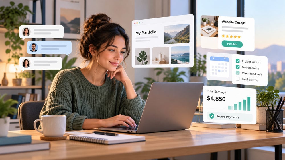 Freelancer working from home, selling online services and managing clients, projects and payments