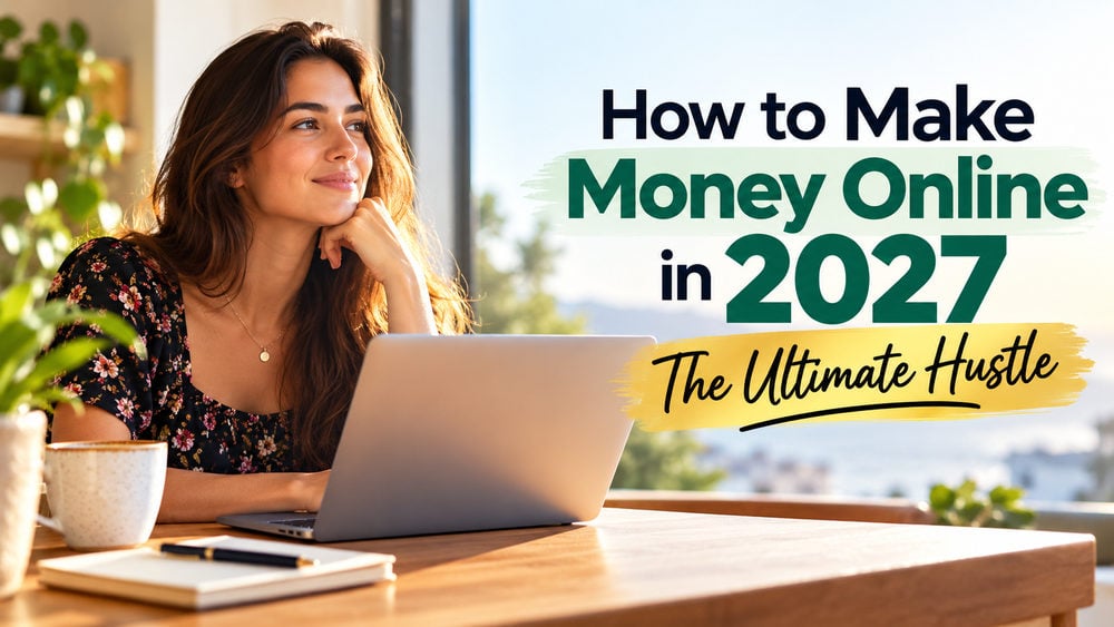 Woman with laptop exploring how to make money online in 2027 with the ultimate hustle