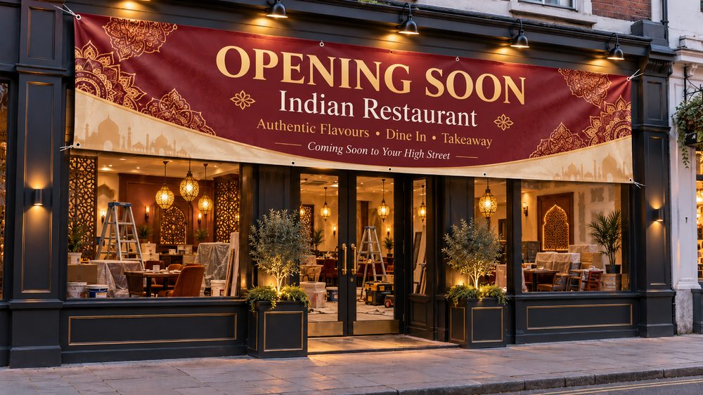 Large opening soon PVC banner displayed outside a UK Indian restaurant, with ongoing renovation work visible through the windows