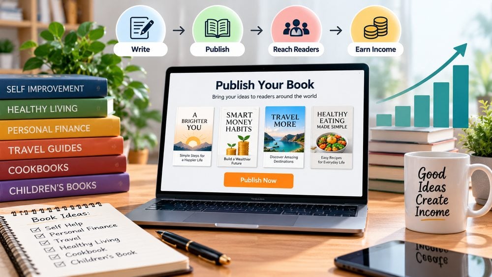 Self-publishing workspace with books, an online publishing platform and a chart showing income growth