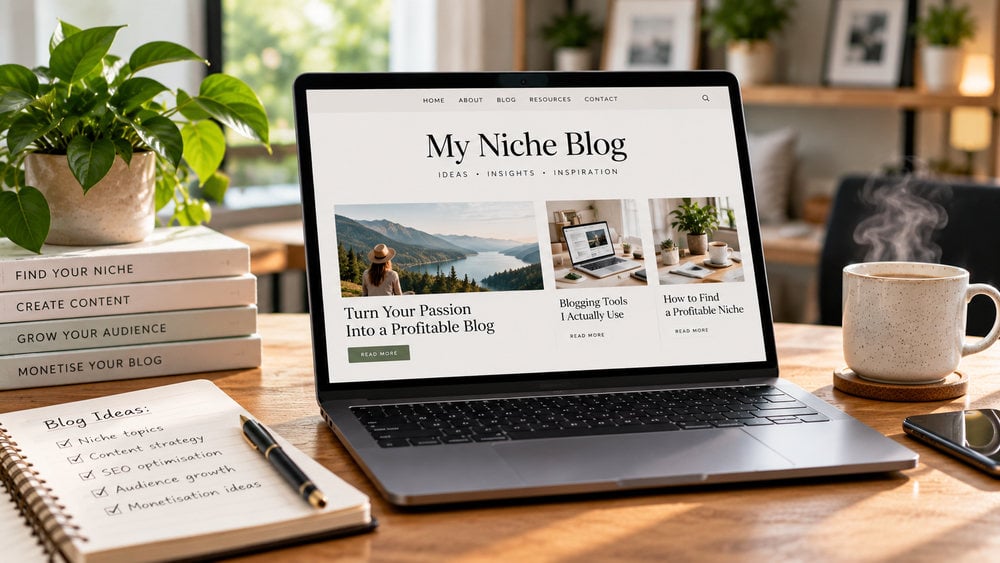 Laptop displaying a niche blog website alongside blogging ideas, notebooks and content planning tools