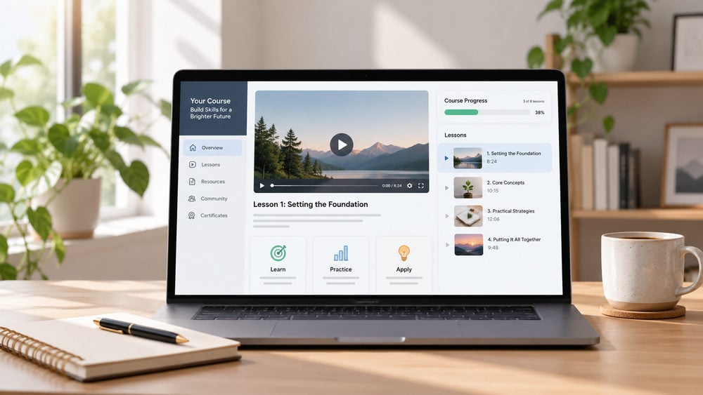 Laptop displaying an online course with video lessons, learning modules and progress tracking