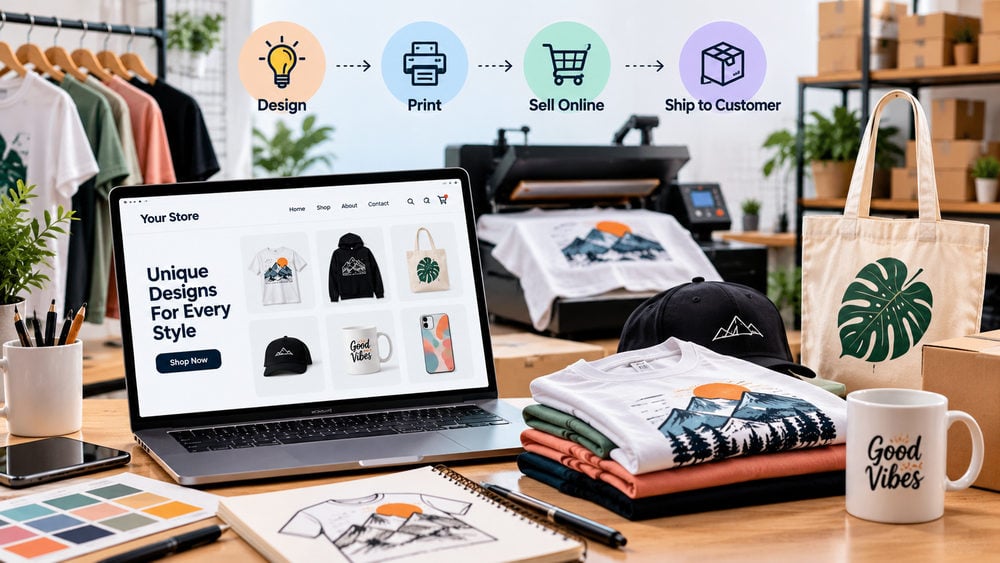 Print-on-demand business selling custom T-shirts, mugs, tote bags and merchandise through an online store
