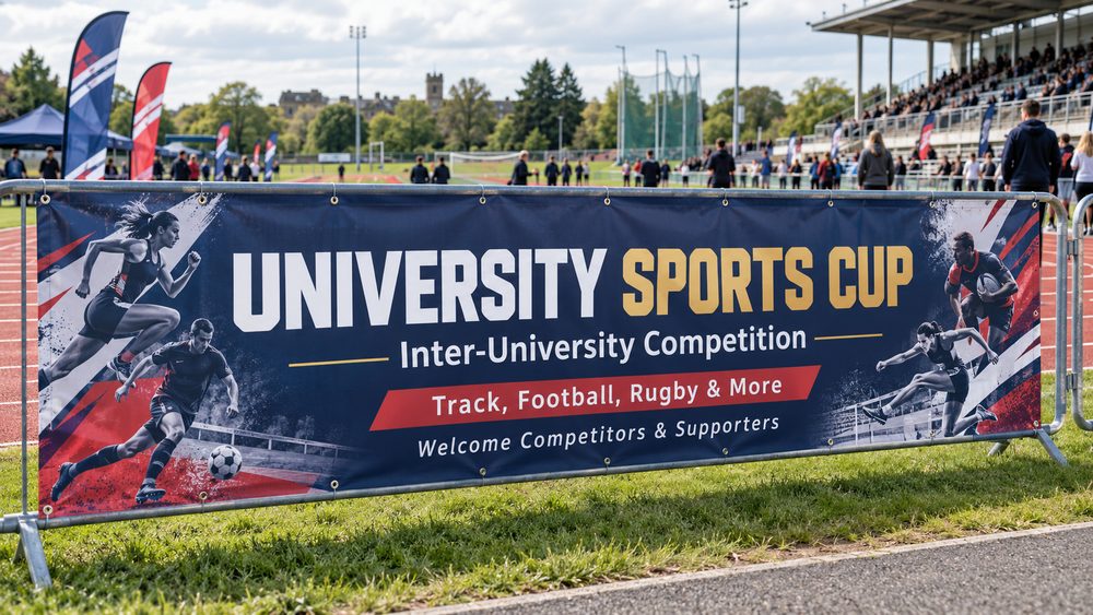 Large printed PVC banner promoting a university sports competition, attached to crowd barriers beside an outdoor athletics track in the UK